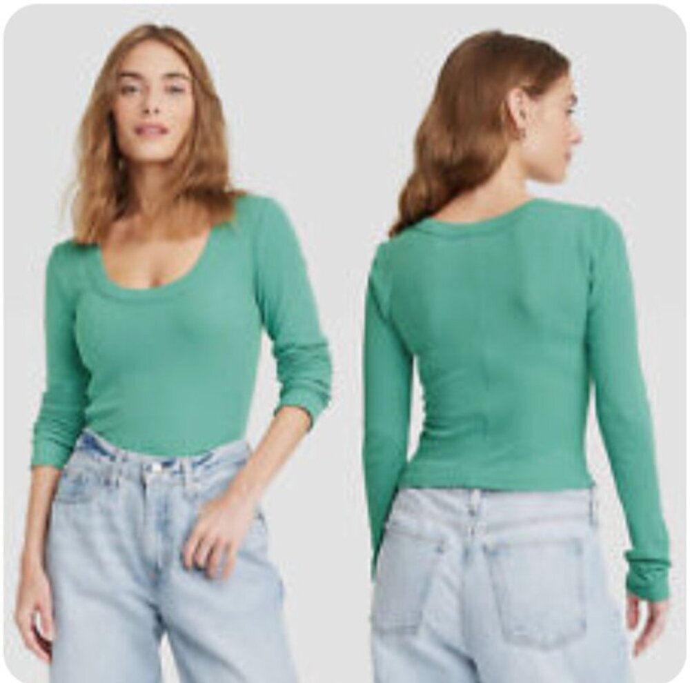 Universal Thread XXL Womens Ribbed Long Sleeve Scoop Neck T-Shirt Green